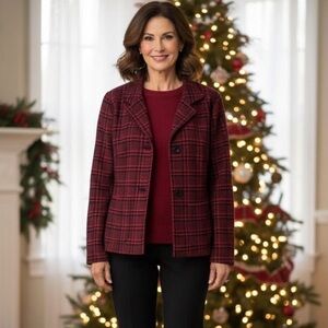 Talbots Woman 14P red holiday plaid wool blend blazer jacket